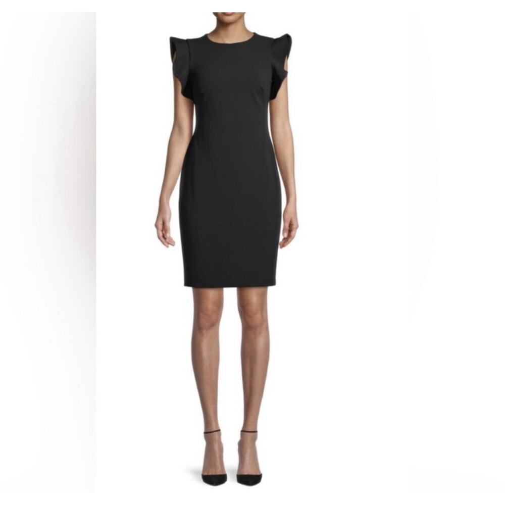 Calvin Klein Sheath Dress Womens Size 10 Black Gold Zip Knee Length Stretch